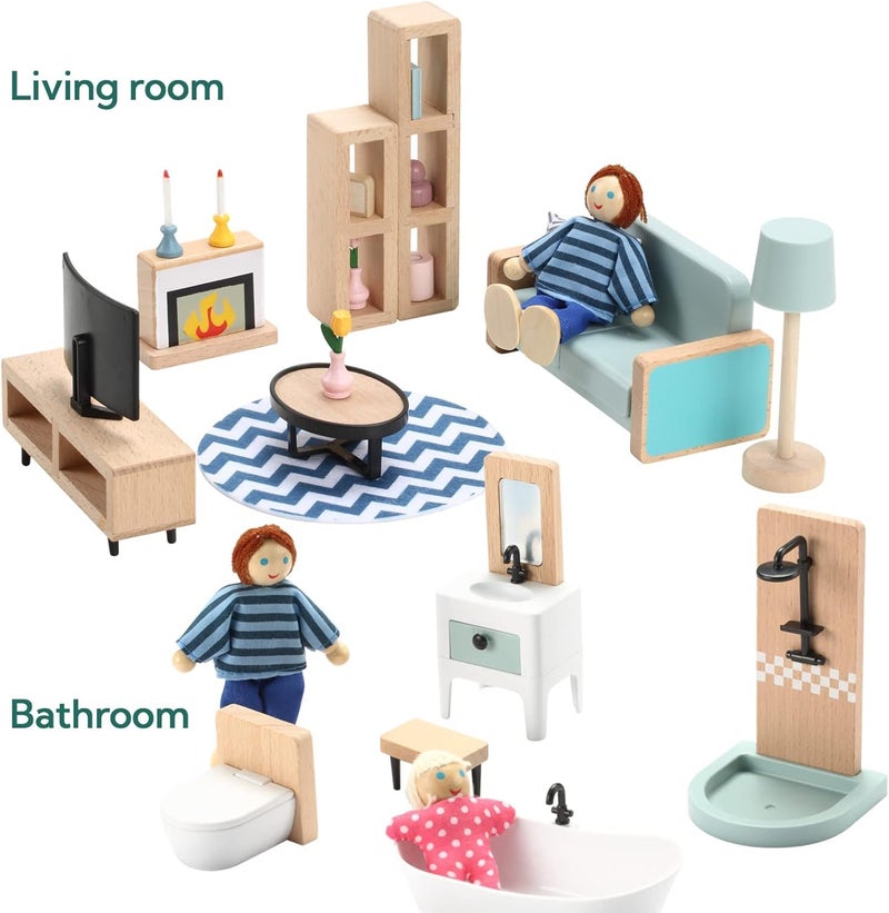 Giant bean 36pcs Wooden Dollhouse Furniture Set 5 Rooms 4 Family Dolls, Wood and Plastic Blue Dollhouse Accessories, Pretend Play Furniture Toys Christmas Birthday Gift for Boys Girls Kids Toddlers 3+ - Image 4