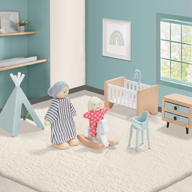Giant bean 36pcs Wooden Dollhouse Furniture Set 5 Rooms 4 Family Dolls, Wood and Plastic Blue Dollhouse Accessories, Pretend Play Furniture Toys Christmas Birthday Gift for Boys Girls Kids Toddlers 3+ - Image 3