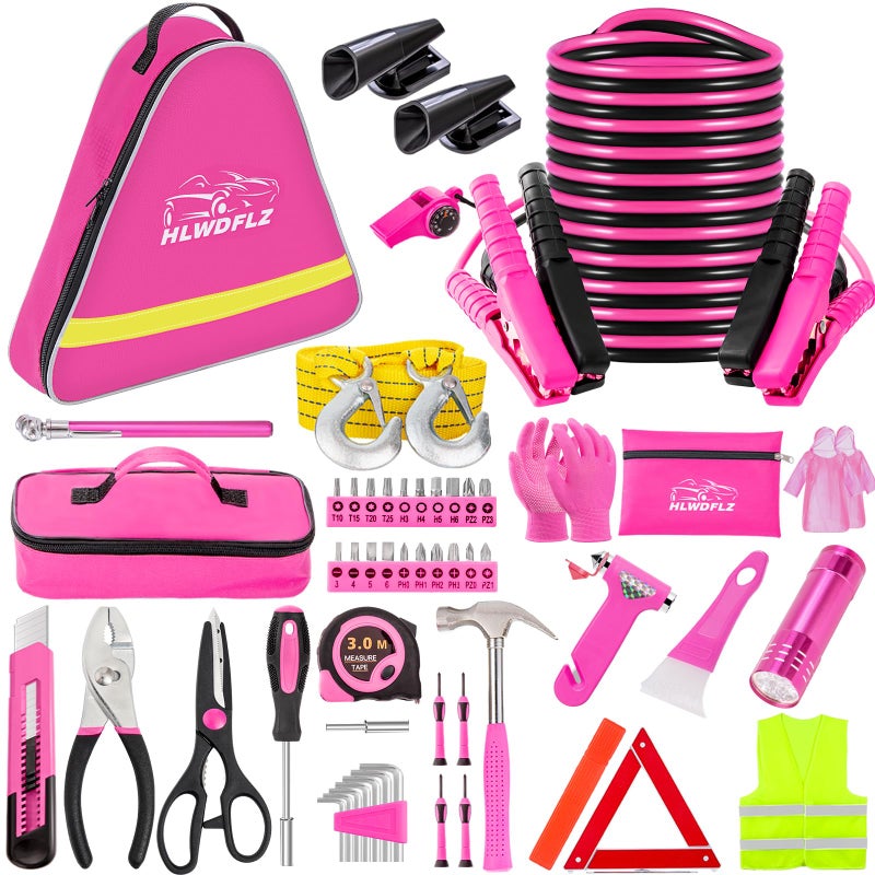 HLWDFLZ Car Roadside Emergency Kit  Pink Roadside Assistance Emergency Kit with Jumper Cables Auto Tool Set Deer Whistles Winter Car Safety Roadside Assist Kit for Teen Girl and Ladies