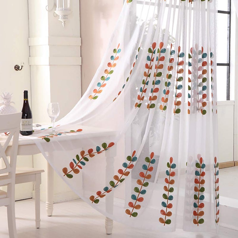 VOGOL Sheer Curtains 63 Inch Length Colorful Leaves Embroidered White Sheer Window Treatments for Bedroom Kitchen Small Windows W52 X L63 2Panel Pack