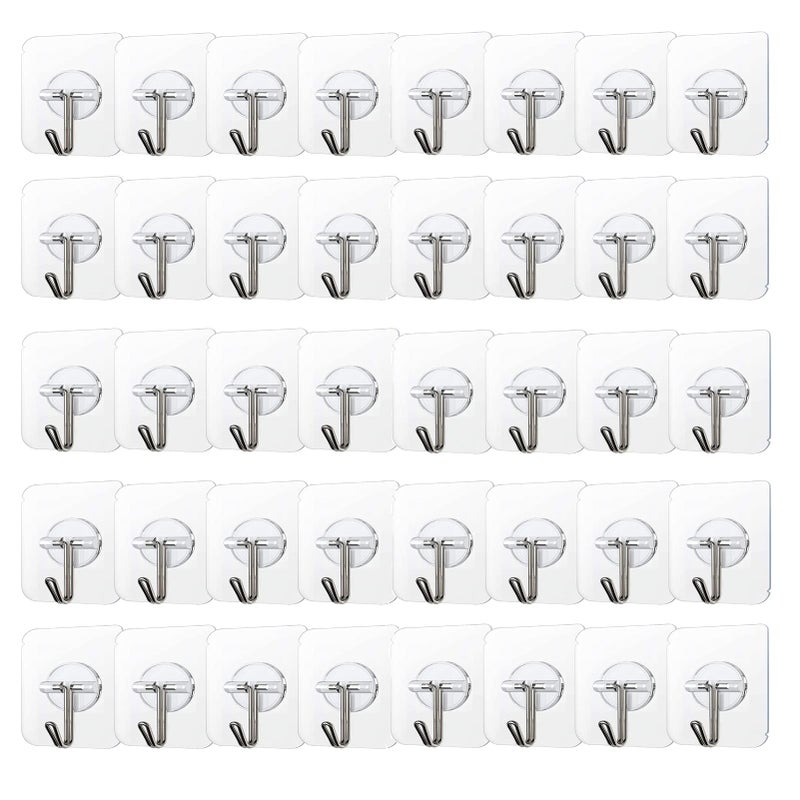 COLOGO 100 Pack Adhesive Hooks 24lbMax Heavy Duty Self Adhesive Hooks Transparent Reusable Seamless Adhesive Wall Hooks for Kitchens Bathroom Office