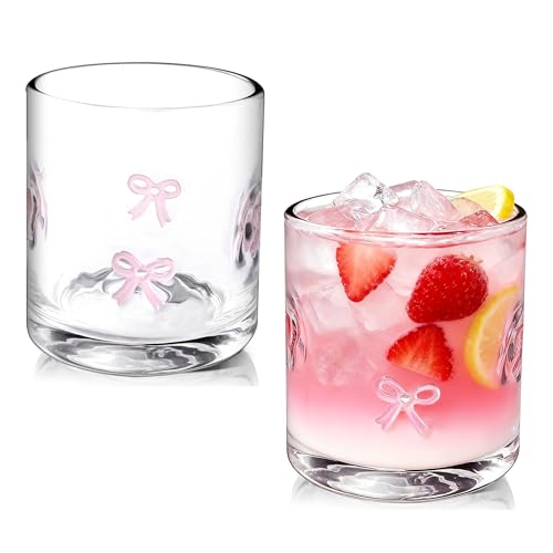 Sel Natural 2 Pcs Icon Glass Cups Bow Icon Glasses 14oz Handblown Cocktail Glasses Aesthetic Drinking Glass Old Fashioned Iconic Glasses for Women Sister Friend Party (Pink) - Image 1