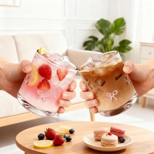 Sel Natural 2 Pcs Icon Glass Cups Bow Icon Glasses 14oz Handblown Cocktail Glasses Aesthetic Drinking Glass Old Fashioned Iconic Glasses for Women Sister Friend Party (Pink) - Image 5