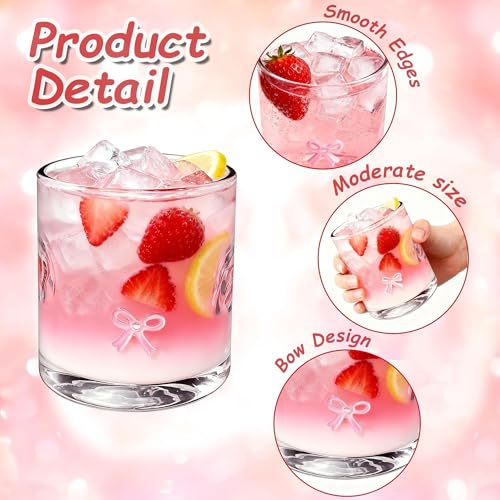 Sel Natural 2 Pcs Icon Glass Cups Bow Icon Glasses 14oz Handblown Cocktail Glasses Aesthetic Drinking Glass Old Fashioned Iconic Glasses for Women Sister Friend Party (Pink) - Image 3