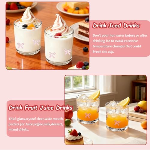 Sel Natural 2 Pcs Icon Glass Cups Bow Icon Glasses 14oz Handblown Cocktail Glasses Aesthetic Drinking Glass Old Fashioned Iconic Glasses for Women Sister Friend Party (Pink) - Image 4