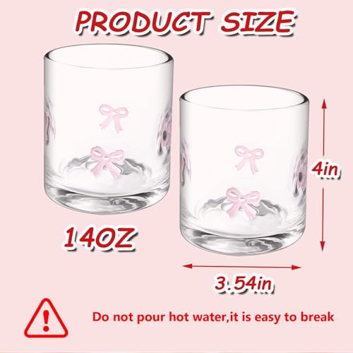 Sel Natural 2 Pcs Icon Glass Cups Bow Icon Glasses 14oz Handblown Cocktail Glasses Aesthetic Drinking Glass Old Fashioned Iconic Glasses for Women Sister Friend Party (Pink) - Image 2
