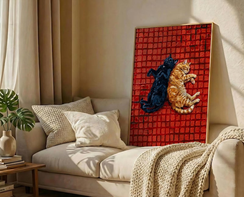 TNESSENTIAL Sleeping Cats Print – Impasto Cat Wall Art, Red Tile Poster, Black And Orange Cat, Yin Yang Pet Decor, Kitchen Cat Art, Textured Painting - Image 3