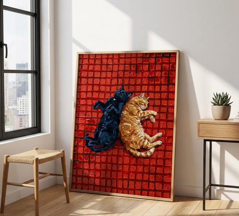 TNESSENTIAL Sleeping Cats Print – Impasto Cat Wall Art, Red Tile Poster, Black And Orange Cat, Yin Yang Pet Decor, Kitchen Cat Art, Textured Painting - Image 4