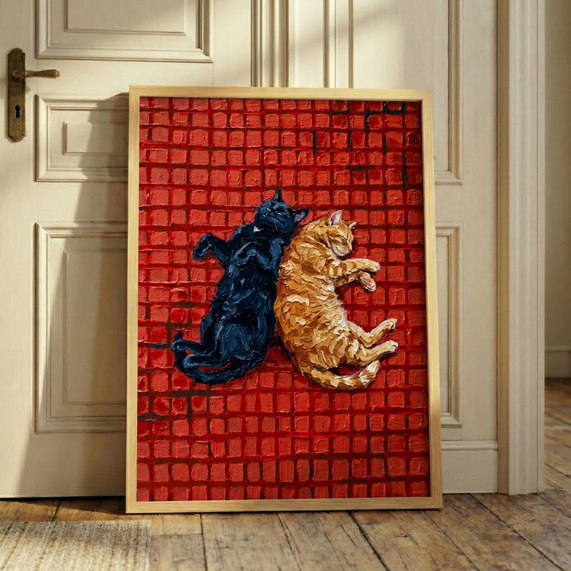 TNESSENTIAL Sleeping Cats Print – Impasto Cat Wall Art, Red Tile Poster, Black And Orange Cat, Yin Yang Pet Decor, Kitchen Cat Art, Textured Painting - Image 5
