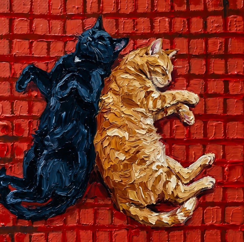 TNESSENTIAL Sleeping Cats Print – Impasto Cat Wall Art, Red Tile Poster, Black And Orange Cat, Yin Yang Pet Decor, Kitchen Cat Art, Textured Painting - Image 2
