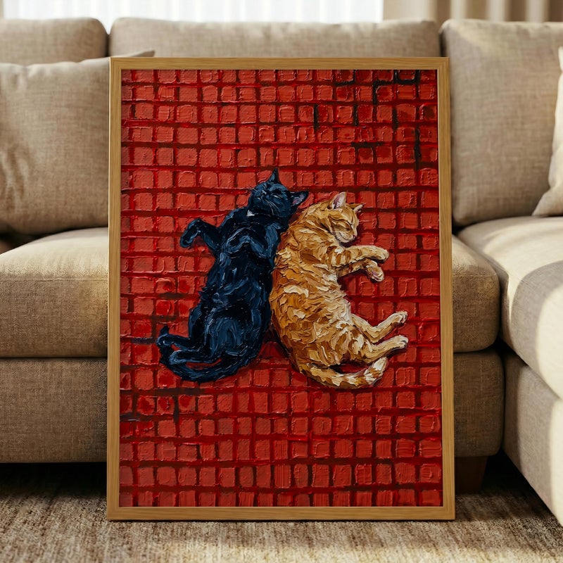TNESSENTIAL Sleeping Cats Print – Impasto Cat Wall Art, Red Tile Poster, Black And Orange Cat, Yin Yang Pet Decor, Kitchen Cat Art, Textured Painting - Image 1