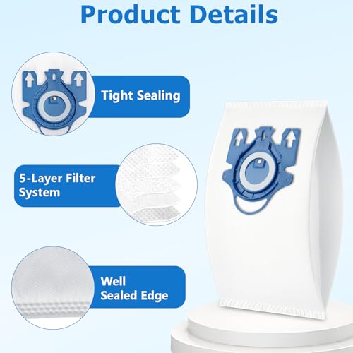 Bluearks 14 عبوة أكياس مكنسة كهربائية 3D Airclean متوافقة مع Miele Classic C1 وComplete C1 وC2 وC3 وS400i وS600 وS2 وS5 وS8 - Image 5