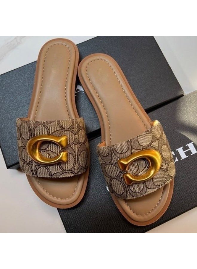 متجر المدرب نعال خارجية صيفية للنساء، فاخرة وخفيفة، متعددة الاستخدامات للتنقل، بشعار كلاسيكي، عصرية وفاخرة - Image 1