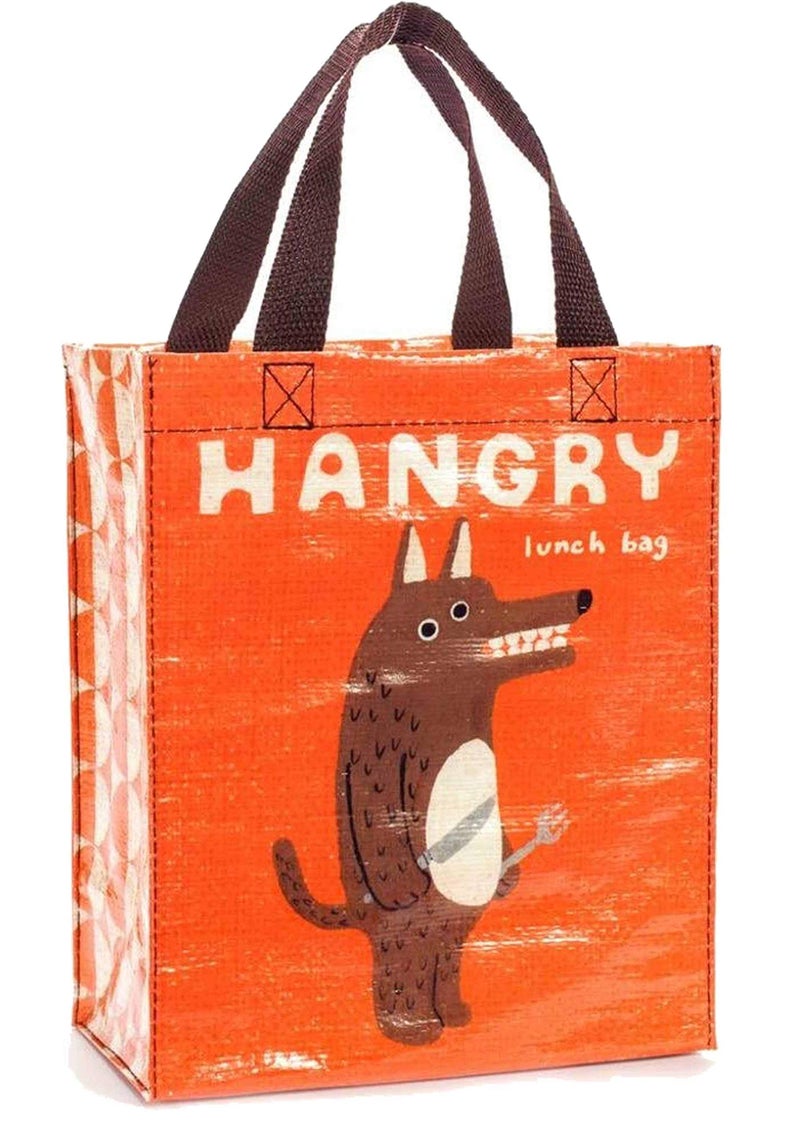 Blue Q Handy Tote ~ Hangry. Reusable lunch sack, little gift bag, sturdy and easy to clean, made from 95% recycled material, 10"h x 8.5"w x 4.5"d - Image 1