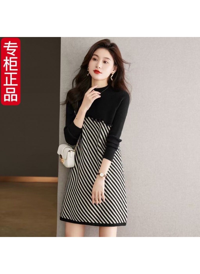 Generic Autumn Winter Knitted Dress Womens Coat Stripe Slimming Inner Wear Midi Length Base Layer Sweater Dress Street Style Trend Black 