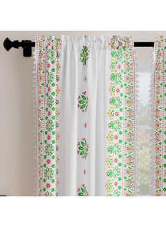 Encasa XO Boho Semi Sheer Curtains for Window in Bedroom & Living Room (Set of 2)- Boho Bright Green - Curtain with Tassels & Bohemian Design - 5 ft