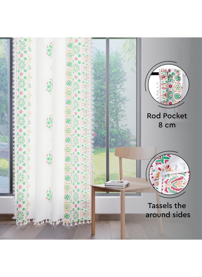 Encasa XO - Encasa XO Boho Semi Sheer Curtains for Window in Bedroom & Living Room (Set of 2)- Boho Bright Green - Curtain with Tassels & Bohemian Design - 5 ft - Image 1