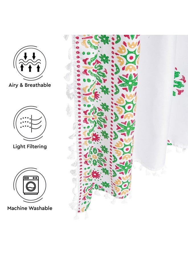 Encasa XO - Encasa XO Boho Semi Sheer Curtains for Window in Bedroom & Living Room (Set of 2)- Boho Bright Green - Curtain with Tassels & Bohemian Design - 5 ft - Image 1