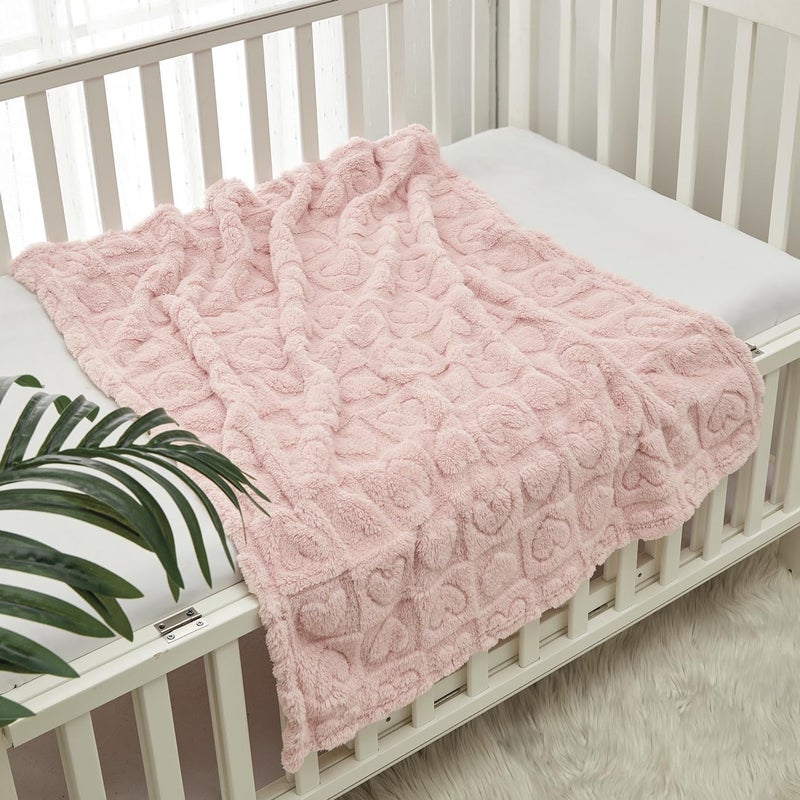 CREVENT 76X102CM Cozy Soft Warm Sherpa Baby Blanketfor Girls Boys, Newborn Essentials for Infant, BabyShower - Pink Heart - Image 1