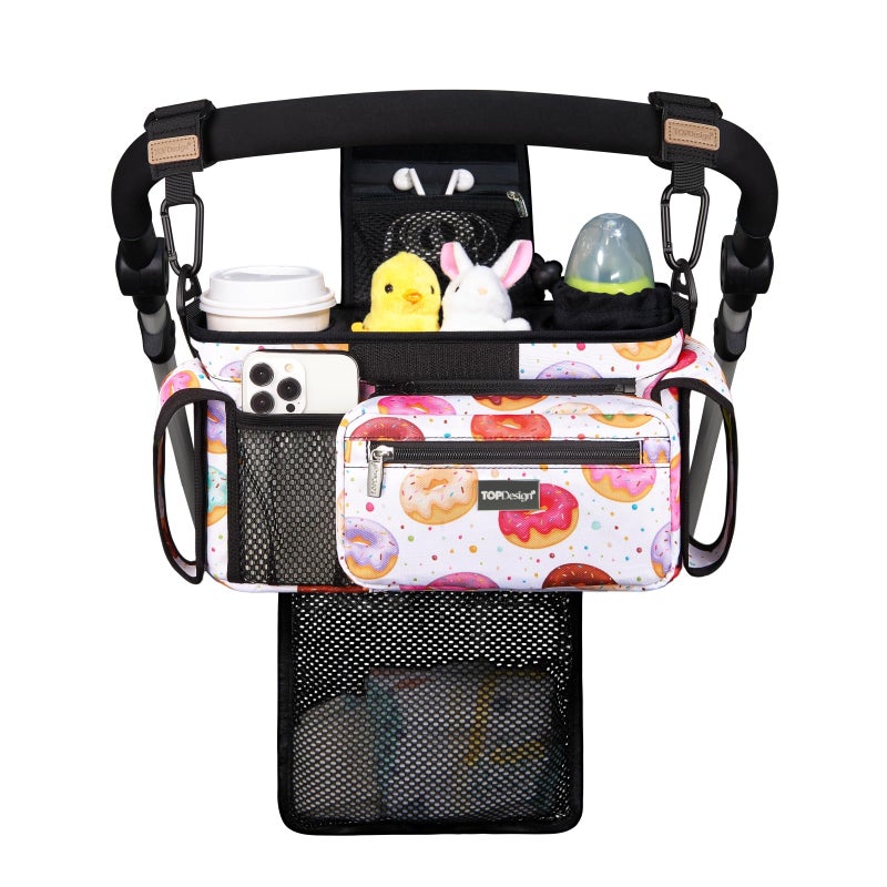TOPDesign Universal Baby Stroller Organizer Stroller Caddy with Detachable Mesh Bag Heightened Insulated Cup Holders NonSlip Secure Hooks Accessories Fits Most Strollers Donuts - Image 2
