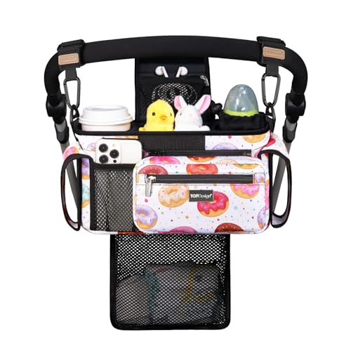 TOPDesign Universal Baby Stroller Organizer Stroller Caddy with Detachable Mesh Bag Heightened Insulated Cup Holders NonSlip Secure Hooks Accessories Fits Most Strollers Donuts - Image 1