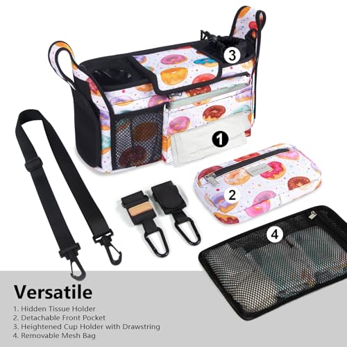 TOPDesign Universal Baby Stroller Organizer Stroller Caddy with Detachable Mesh Bag Heightened Insulated Cup Holders NonSlip Secure Hooks Accessories Fits Most Strollers Donuts - Image 3