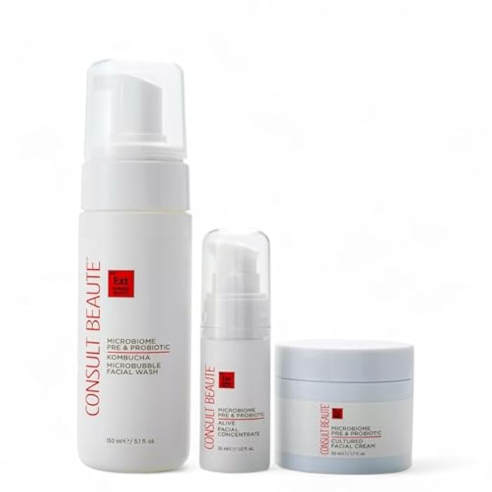 Consult Beaute استشارة الجمال - مجموعة العناية بالبشرة المتوازنة للرطوبة - سيروم مركز، كريم وجه مرطب وغسول وجه كومبوتشا - لجميع أنواع البشرة - خفيف الوزن - للنساء والرجال - Image 1