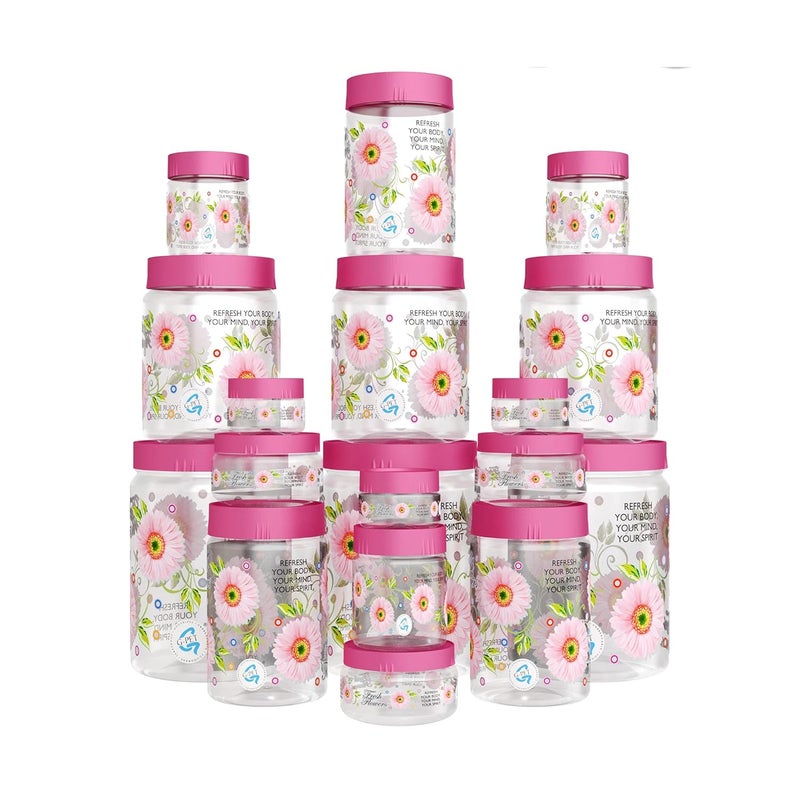 G-PET GPET Print Magic Container Pink Pack of 18 2000ml 3 pcs 1000ml 3 pcs 750ml 3 pcs 200ml 3 pcs 150ml 3 pcs 50ml 3 pcs Plastic Grocery Container Home Kitchen Container Plastic Jar Set - Image 1