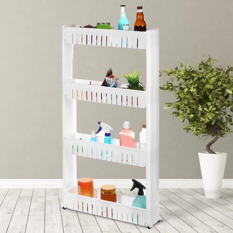 MEZON Multipurpose Slim Slide Plastic Storage Rack Holder Organizer Shelf With Moving Wheels Trolley 234 Layers Detachable Kitchen Bathroom Bedroom White 4 Tier - Image 4