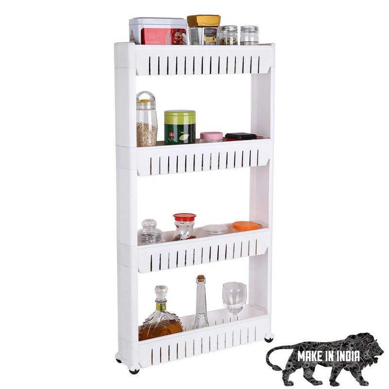 MEZON Multipurpose Slim Slide Plastic Storage Rack Holder Organizer Shelf With Moving Wheels Trolley 234 Layers Detachable Kitchen Bathroom Bedroom White 4 Tier - Image 1