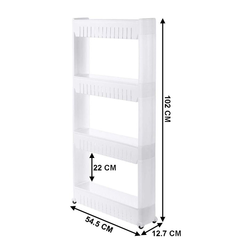 MEZON Multipurpose Slim Slide Plastic Storage Rack Holder Organizer Shelf With Moving Wheels Trolley 234 Layers Detachable Kitchen Bathroom Bedroom White 4 Tier - Image 2