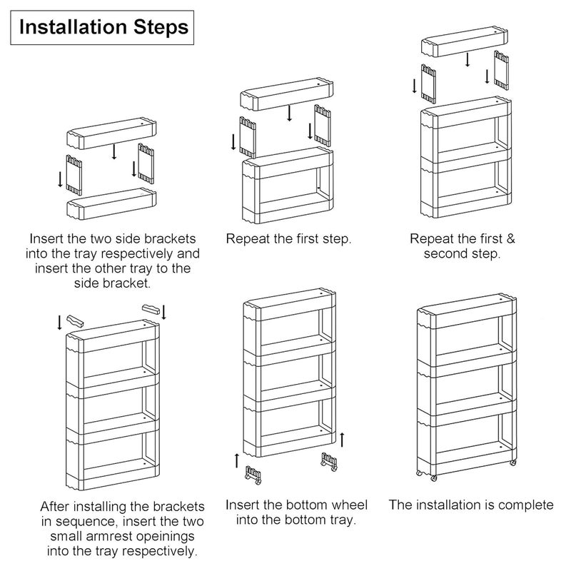 MEZON Multipurpose Slim Slide Plastic Storage Rack Holder Organizer Shelf With Moving Wheels Trolley 234 Layers Detachable Kitchen Bathroom Bedroom White 4 Tier - Image 5