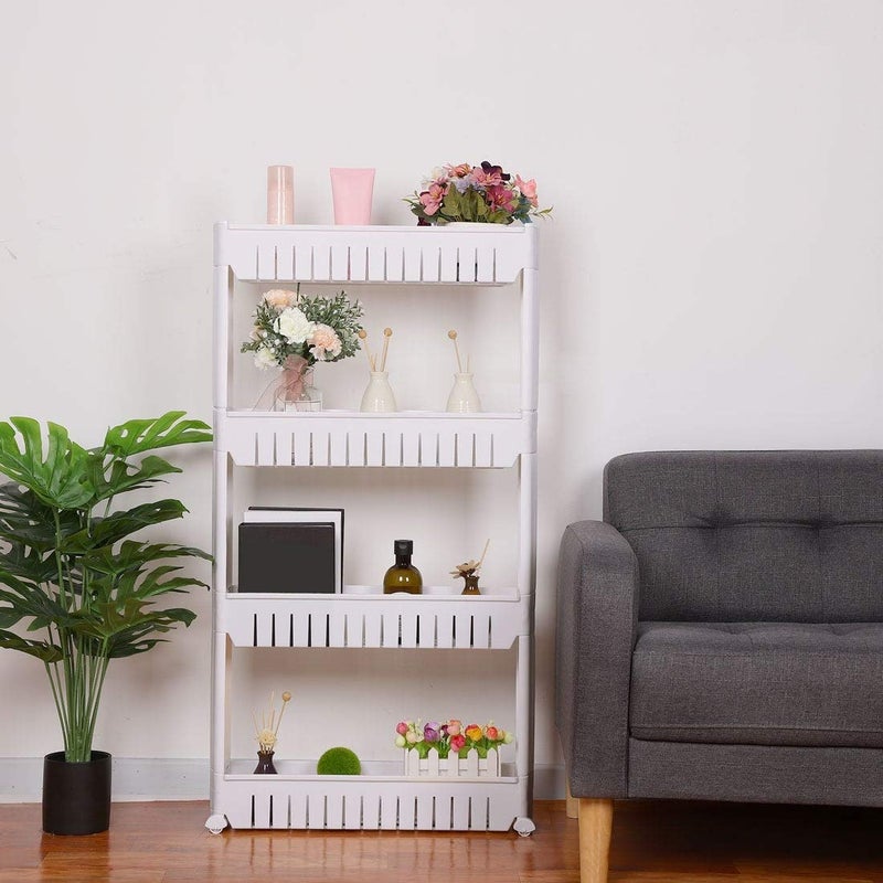 MEZON Multipurpose Slim Slide Plastic Storage Rack Holder Organizer Shelf With Moving Wheels Trolley 234 Layers Detachable Kitchen Bathroom Bedroom White 4 Tier - Image 3