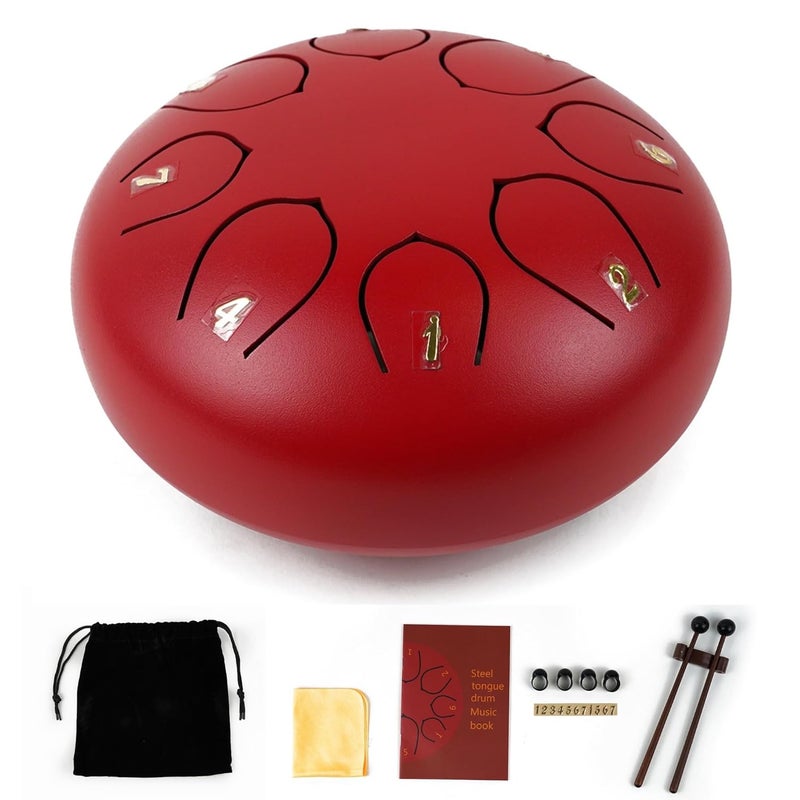 Regis 8 Notes 6 Inch Red Alloy Steel Tongue Drum – Handpan Percussion Drum for Kids & Adults, Meditation, Yoga, Music Therapy – Includes Mallets, Finger Picks & Travel Bag – Red - Image 1