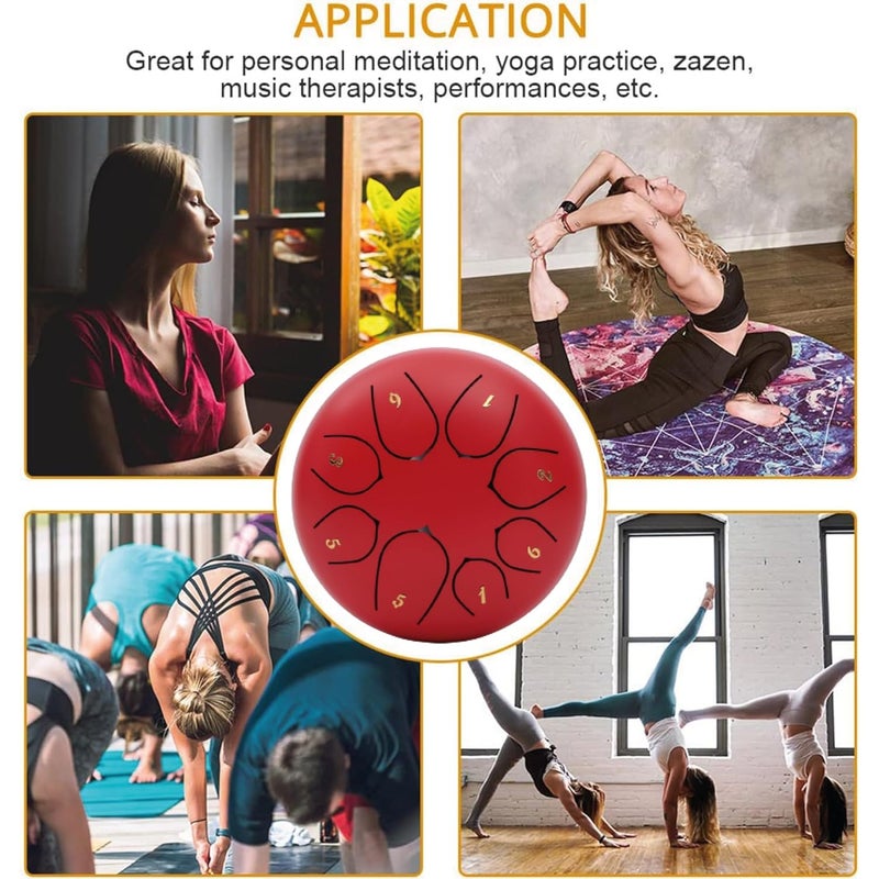 Regis 8 Notes 6 Inch Red Alloy Steel Tongue Drum – Handpan Percussion Drum for Kids & Adults, Meditation, Yoga, Music Therapy – Includes Mallets, Finger Picks & Travel Bag – Red - Image 4