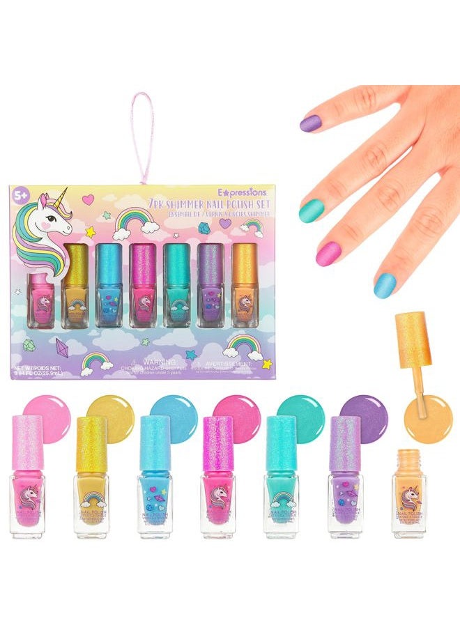 Expressions 7pc Unicorn Shimmer Nail Polish Set for Girls - Glitter Cap, Non-Toxic Quick Dry Manicure & Pedicure Kit, Vibrant Assorted Shades  - Image 1