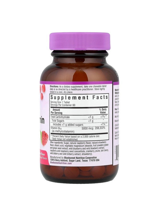 Bluebonnet Nutrition Earth Sweet® Chewables, CellularActive® Methylcobalamin, Raspberry, 5,000 mcg, 60 Chewable Tablets - Image 2