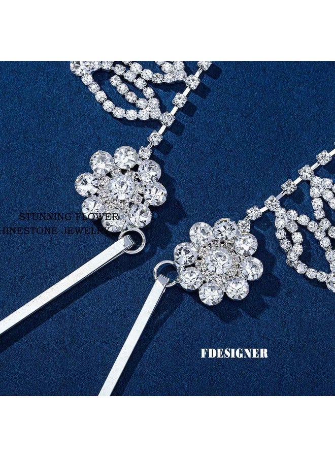 فديزاينر سلسلة رأس مرصعة بأحجار الراين، قطعة رأس فضية مرصعة بالمجوهرات، سلسلة شعر بوهو، إكسسوارات شعر الزفاف والعروس للنساء (فضي-عتيق) - Image 4