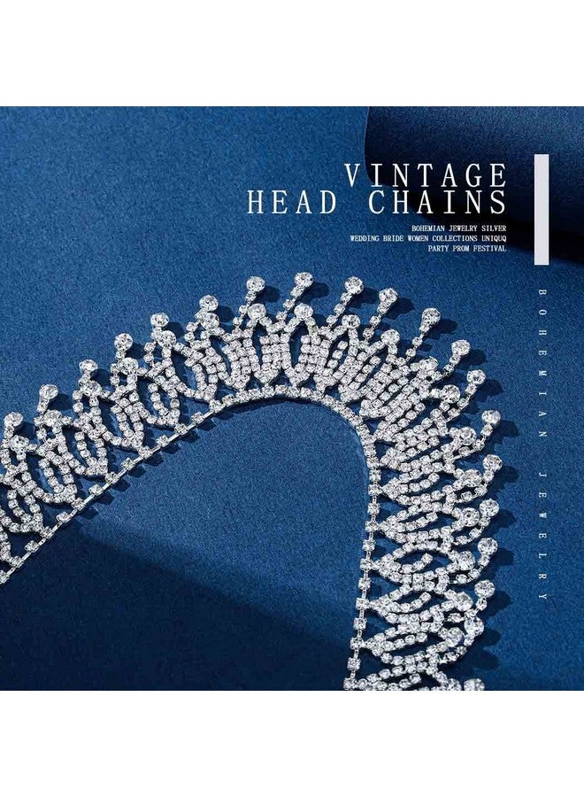 فديزاينر سلسلة رأس مرصعة بأحجار الراين، قطعة رأس فضية مرصعة بالمجوهرات، سلسلة شعر بوهو، إكسسوارات شعر الزفاف والعروس للنساء (فضي-عتيق) - Image 5