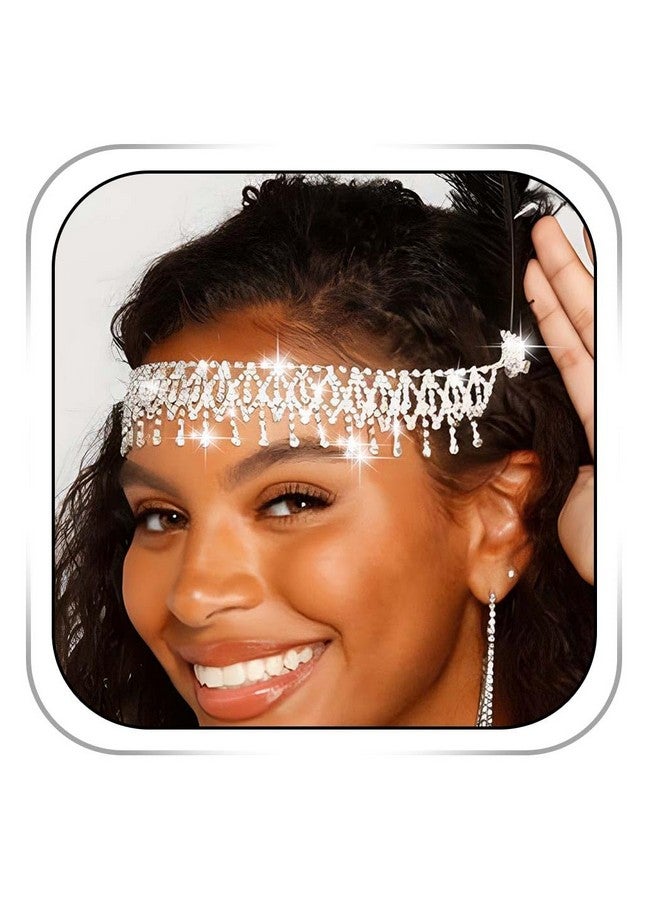 فديزاينر سلسلة رأس مرصعة بأحجار الراين، قطعة رأس فضية مرصعة بالمجوهرات، سلسلة شعر بوهو، إكسسوارات شعر الزفاف والعروس للنساء (فضي-عتيق) - Image 1