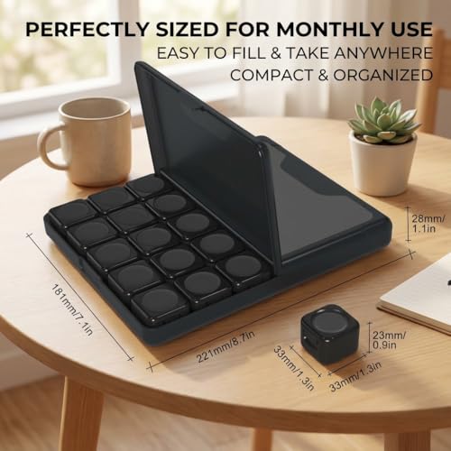 POPCUBE 30 Days Medicine Organizer Box Monthly Pill Case with Left & Right 15 Removable Compartments, Slim Water-Resistant Tablet Storage with Easy-Open Lids, Large Capacity Pills Container (22×18×2.5 cm) (Black) - Image 2