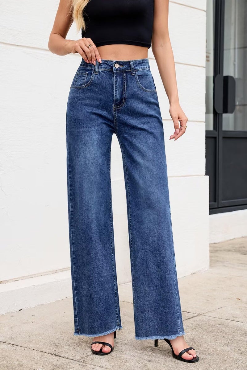 Allimy Women Boot Cut Jeans High Waisted High Rise Baggy Flare Bell Bottom Stretch Raw Hem Mom Straight Leg Wide Leg Jeans for Women Denim Pants Trendy Dark Wash Blue US 10 - Image 3