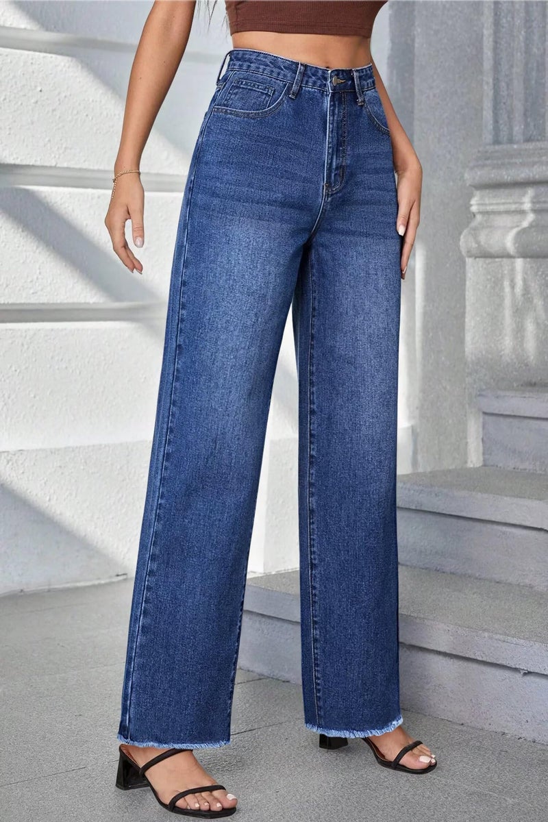 Allimy Women Boot Cut Jeans High Waisted High Rise Baggy Flare Bell Bottom Stretch Raw Hem Mom Straight Leg Wide Leg Jeans for Women Denim Pants Trendy Dark Wash Blue US 10 - Image 5