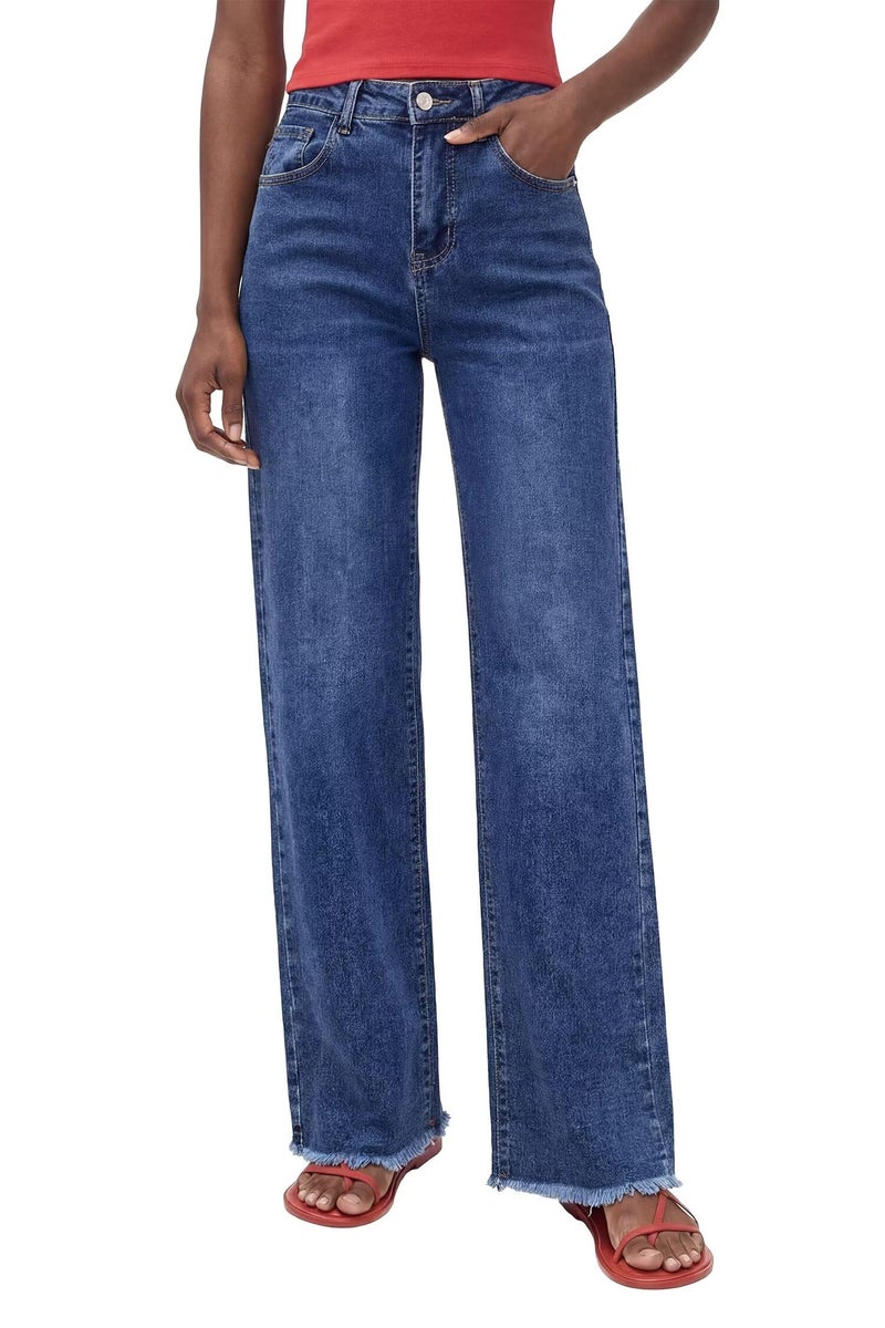 Allimy Women Boot Cut Jeans High Waisted High Rise Baggy Flare Bell Bottom Stretch Raw Hem Mom Straight Leg Wide Leg Jeans for Women Denim Pants Trendy Dark Wash Blue US 10 - Image 1