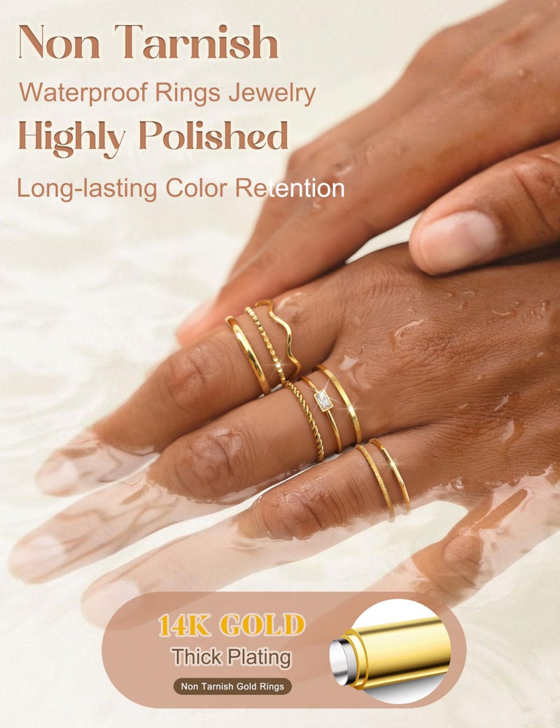 THUNARAZ 8Pcs Stackable Rings for Women Non Tarnish 14K Gold Plated Stainless Steel Dainty Rings Set Minimalist Thin Thumb Ring Cubic Zirconia Wave Statement Ring Bands for Women Gold Size 8 - Image 2