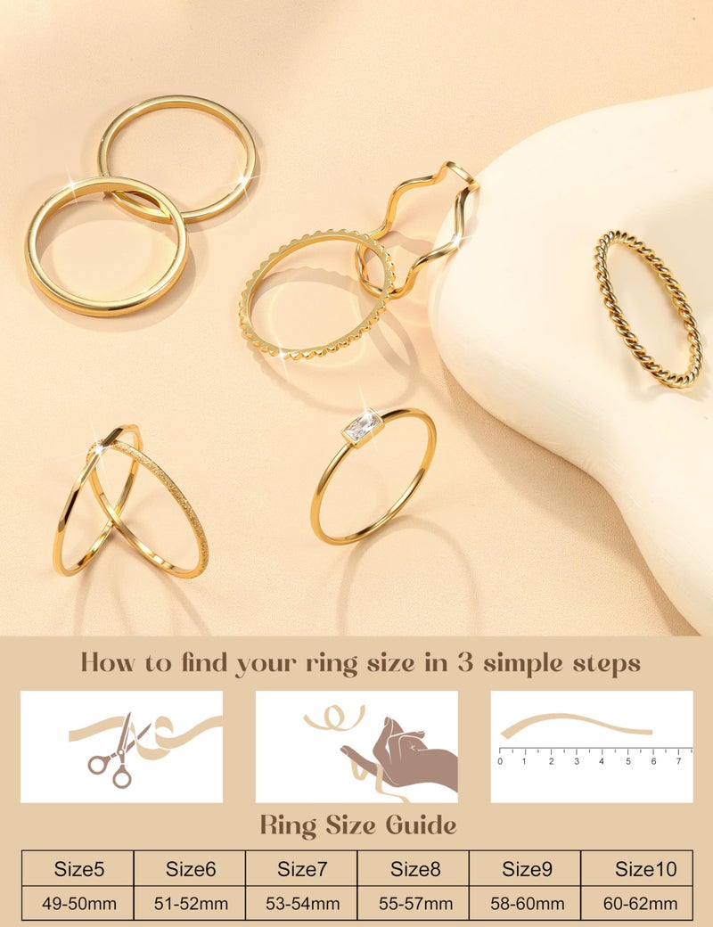THUNARAZ 8Pcs Stackable Rings for Women Non Tarnish 14K Gold Plated Stainless Steel Dainty Rings Set Minimalist Thin Thumb Ring Cubic Zirconia Wave Statement Ring Bands for Women Gold Size 8 - Image 5
