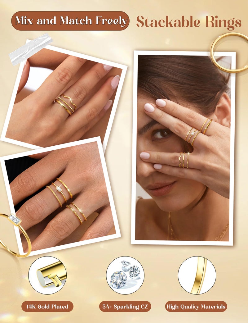 THUNARAZ 8Pcs Stackable Rings for Women Non Tarnish 14K Gold Plated Stainless Steel Dainty Rings Set Minimalist Thin Thumb Ring Cubic Zirconia Wave Statement Ring Bands for Women Gold Size 8 - Image 3