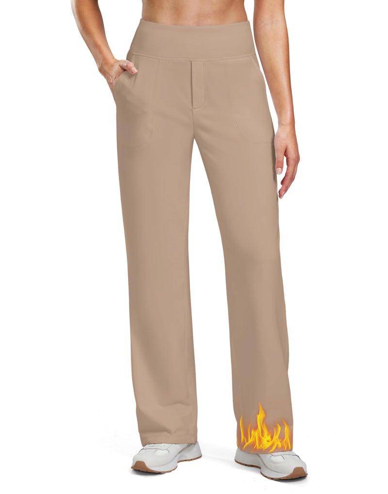 Soothfeel Fleece Lined Pants Women 29"/31"/33" High Waisted Wide Leg Sweatpants with Pocket Winter Warm Work Yoga Dress Pants Khaki Petite - Image 1