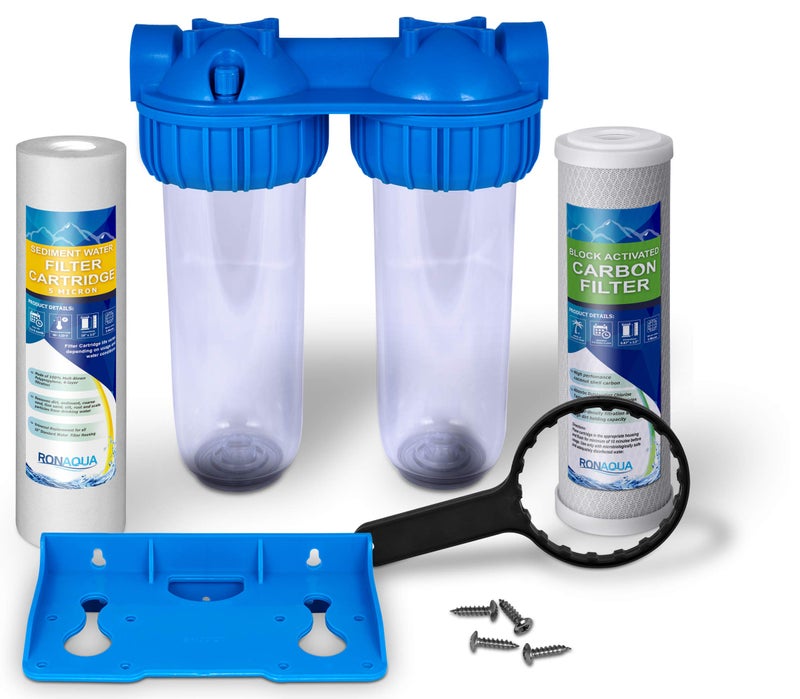 Dual Whole House Water Filter System Transparent Standard Housings Presser Relief Button 34 InletOutlet Brass Port 5 Micron Sediment Carbon Cartridges Meets NSF Standards Regulations