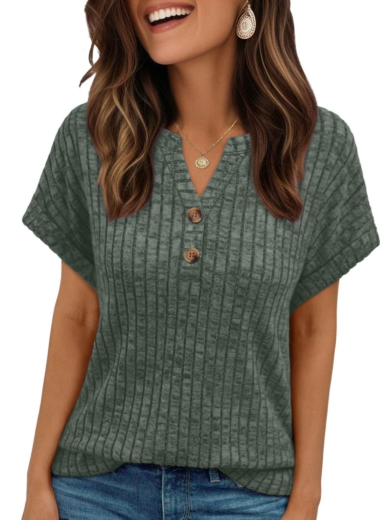 AUTOMET Womens Spring Top Summer Short Sleeve T Shirt Business Dressy Casual Blouse Henley V Neck Sweater Loose Fit Tee Tunic Green XL - Image 1